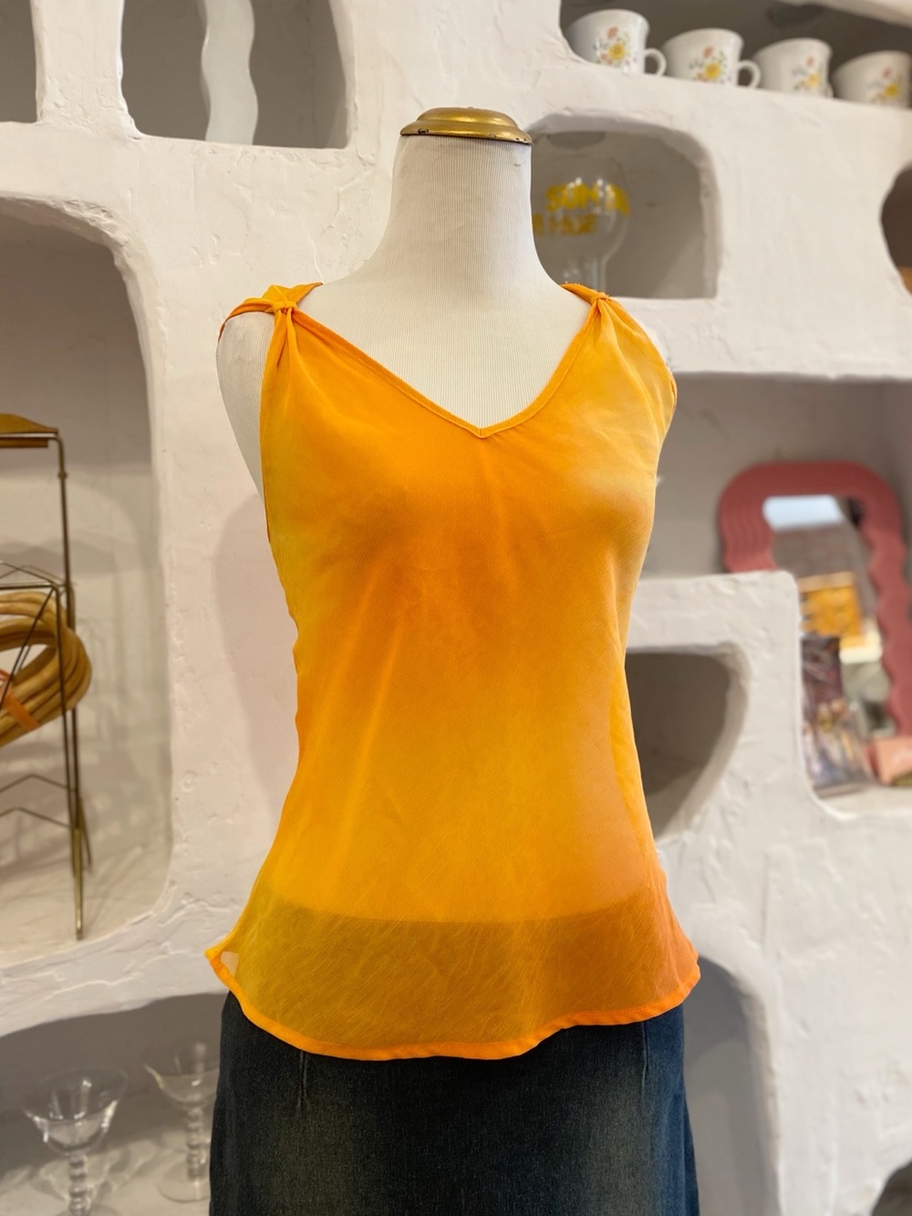 Y2K Bright Orange Tie Dye Gradient Sleeveless Sheer Mesh V-Neck Tank Top